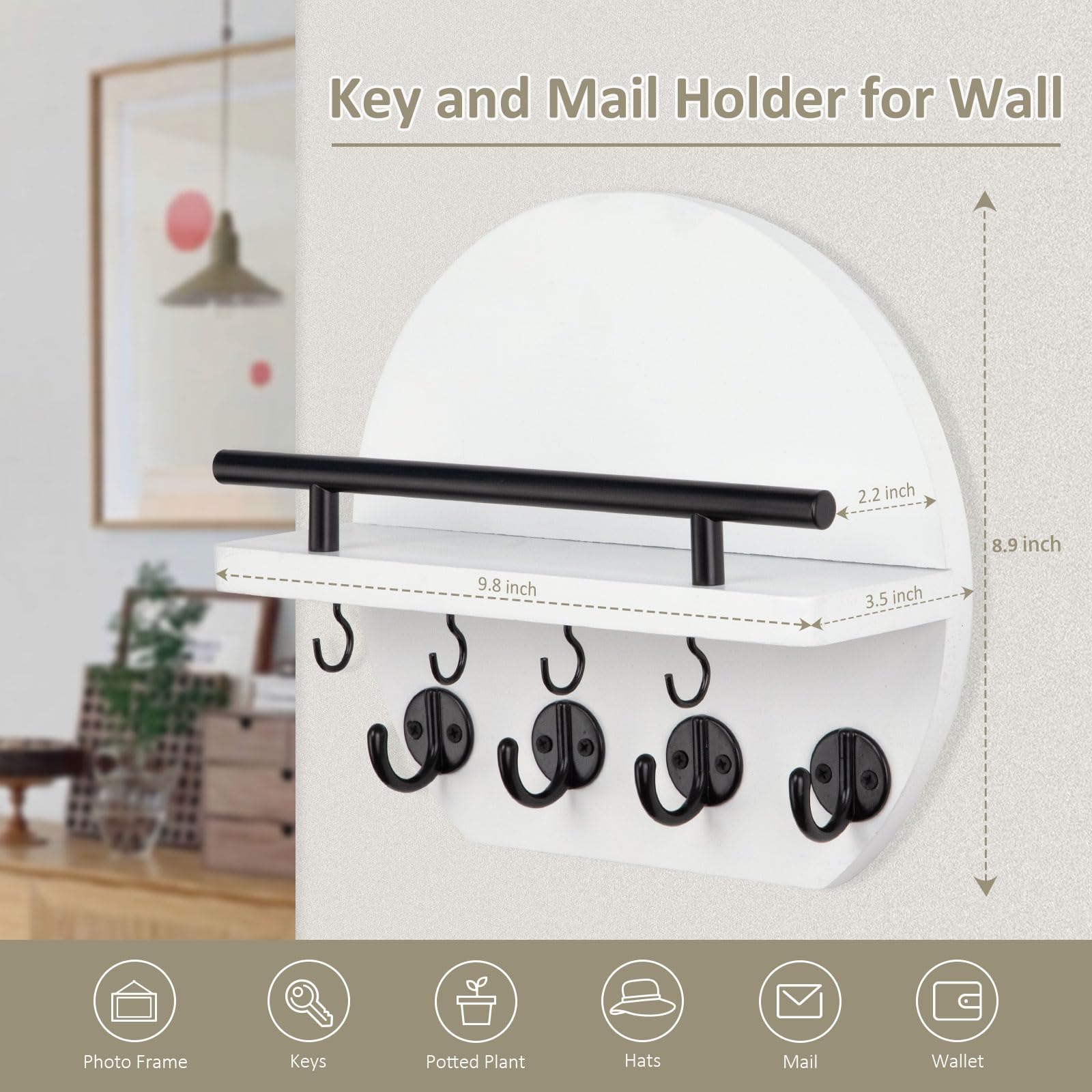 Nekon Key Holder for Wall - 9.8 Inch Apartment Wall Decor with Shelf and 8 Key Hooks, Circular Wood Key Hanger for Home Decor (White) - Image 3