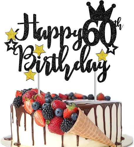 Miniatura 4 de Decoración para tartas de feliz 60 cumpleaños, estrella negra con purpurina 60 y fabulosa selección para pastel de cumpleaños 60, aniversario,