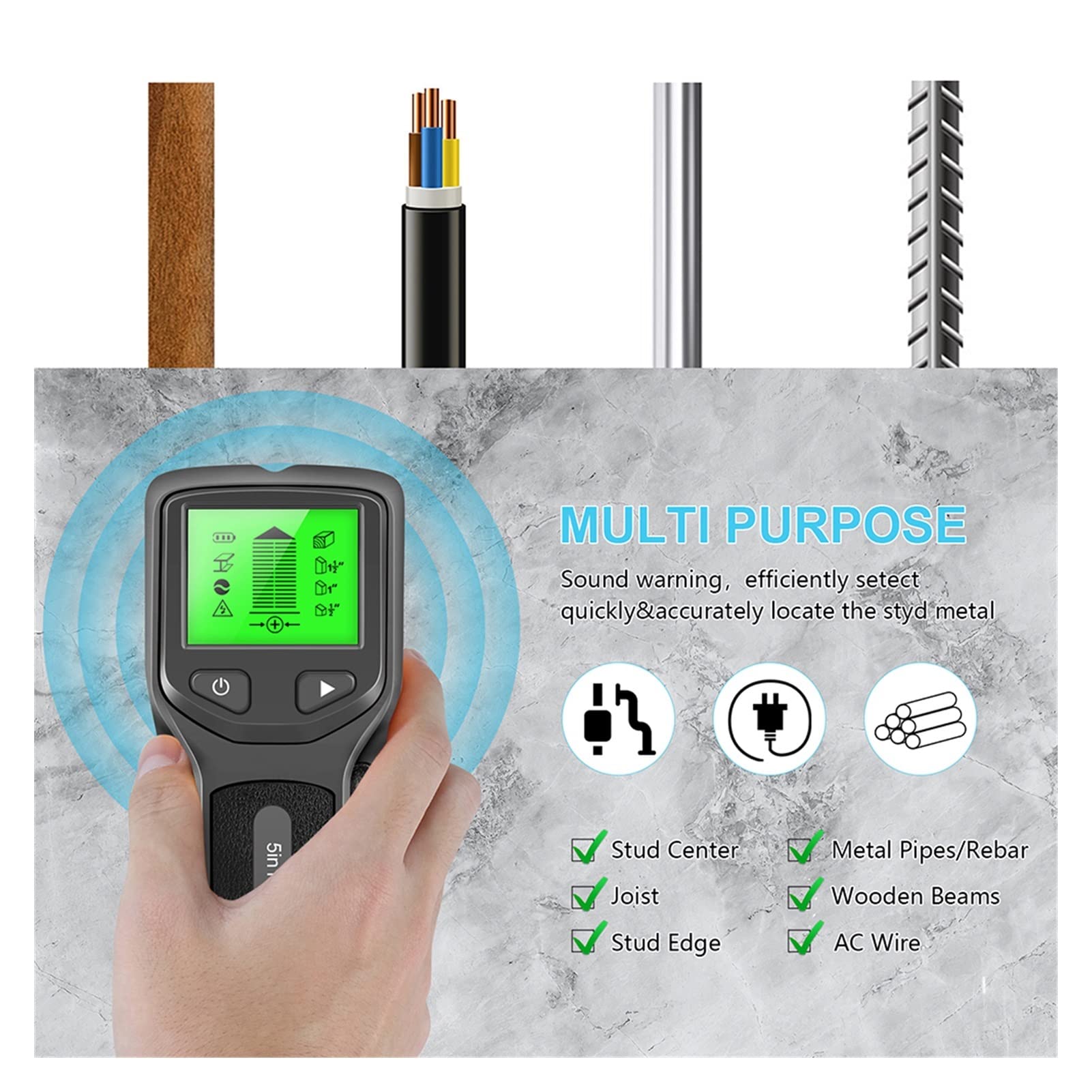 Wykrywacz Metalu, 5 w 1 metali detektor Znajdź metalowe drewniane kołki AC. Napięcie na żywo Wykrywanie ścienne Skaner elektryczny Box Finder Wall Stud Detector(Yellow)