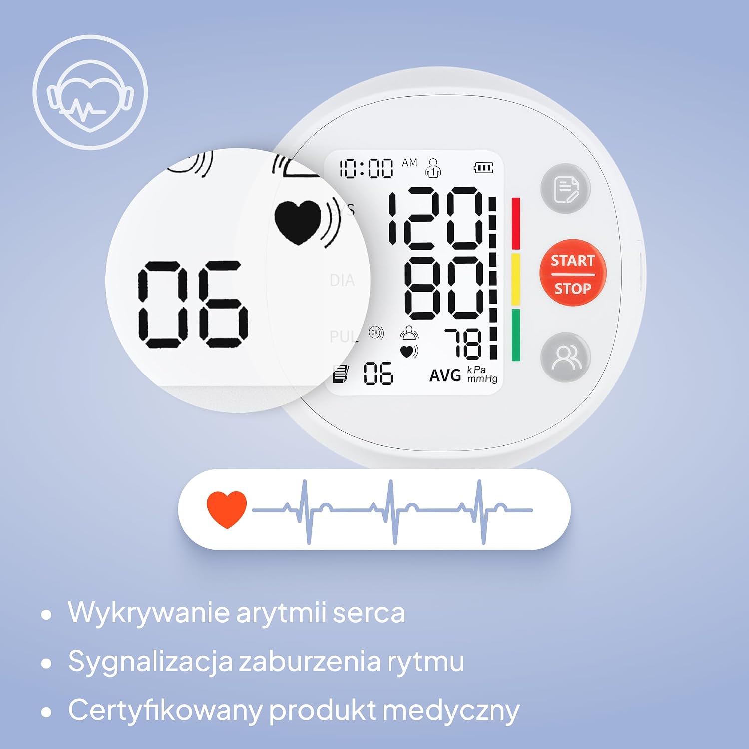 Lionelo Puls display showing arrhythmia detection symbol