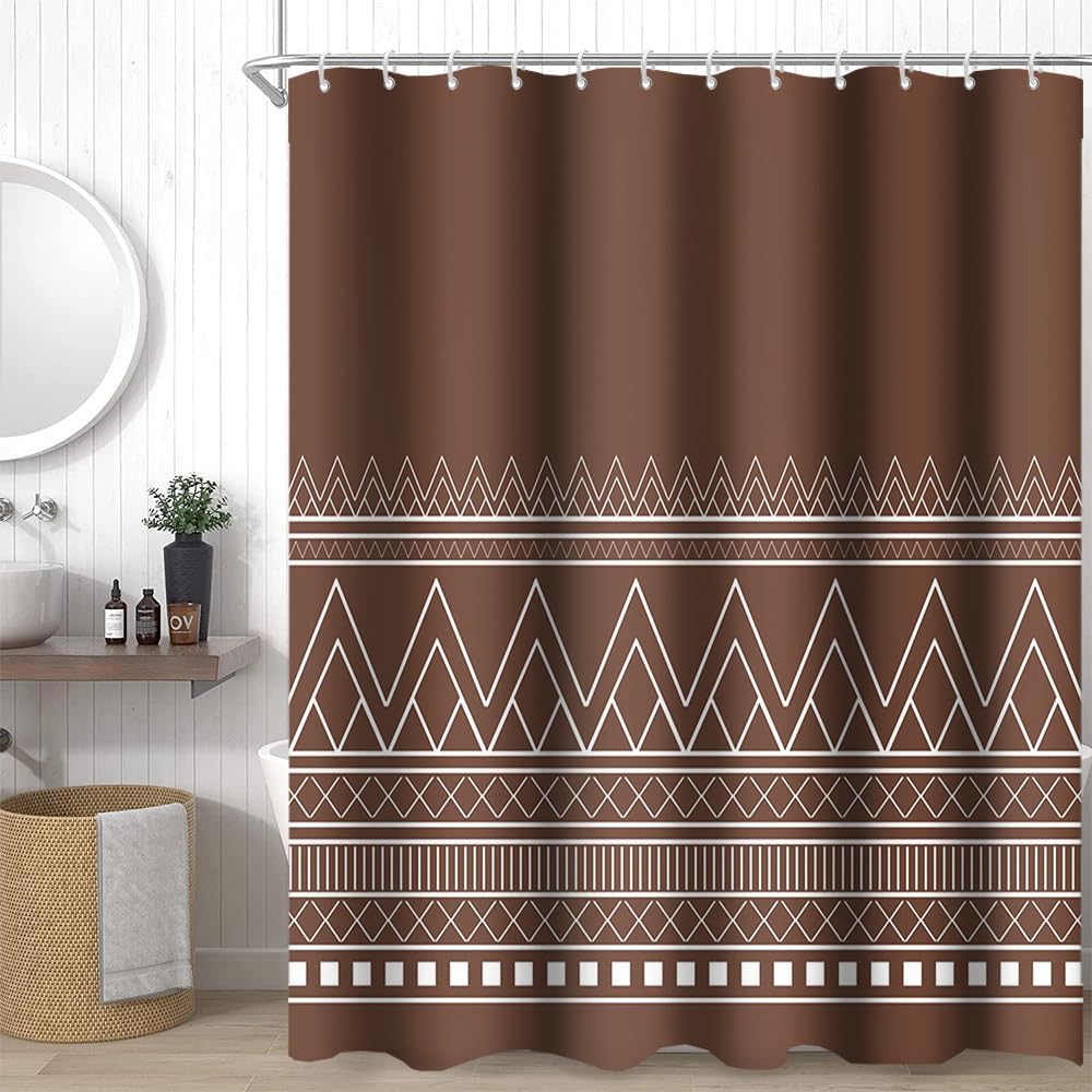 Ruelvth Brown Shower Curtain, Boho Minimalist White Striped Shower Curtain for Bathroom Modern Farmhouse Chic Geometric Triangle Shower Curtain with Hooks, 72x72 Inch