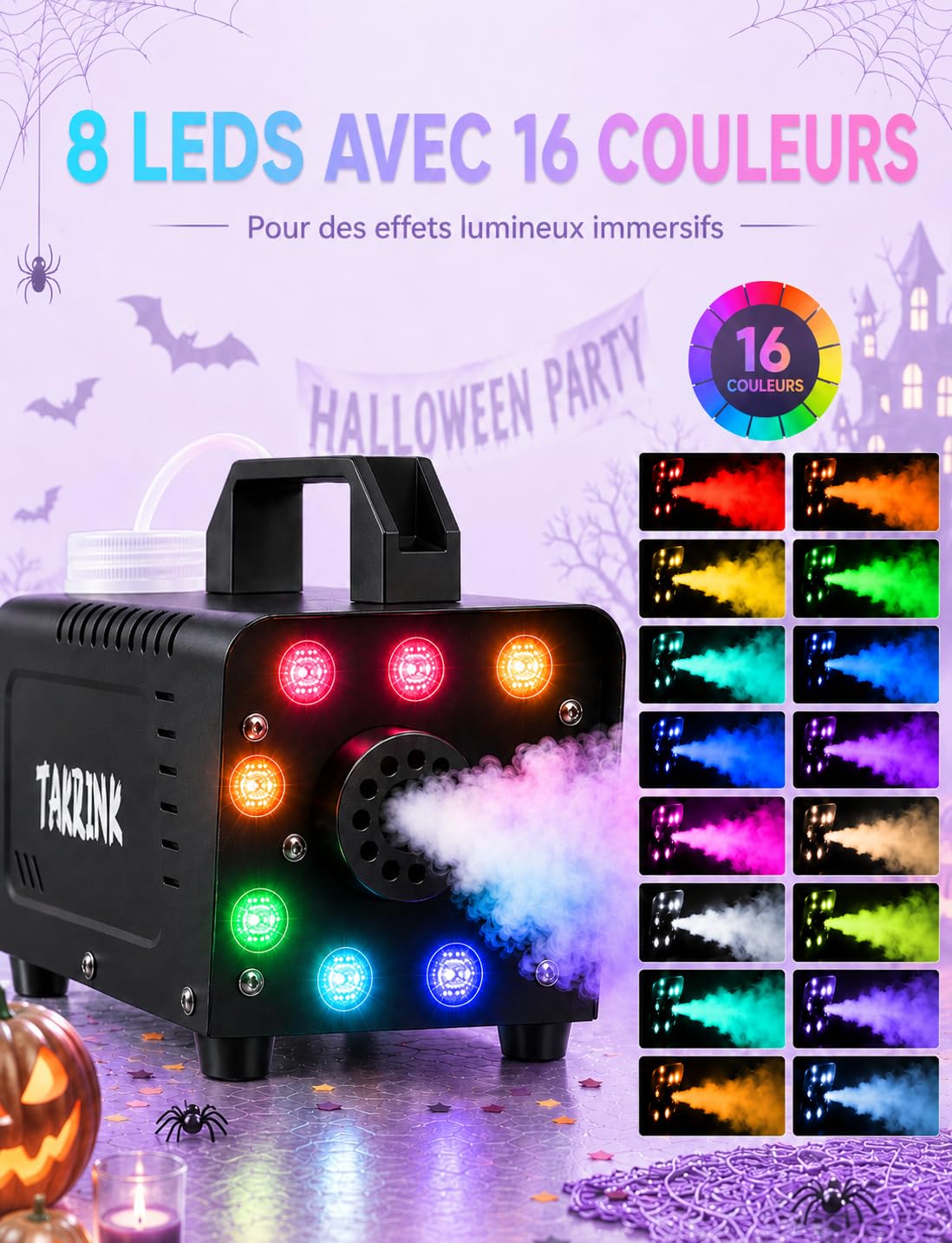 TAKRINK Machine à Fumée 900W Télécommande Machine à Brouillard Professionnel avec 8 LED et Réservoir 0,3 Litres pour Halloween Mariages Étapes Fêtes DJ et Spectacles | 8 LED RGB 16 Couleurs effet fumée Lumineux Réservoir 0,3 L et Commande à Distance pour