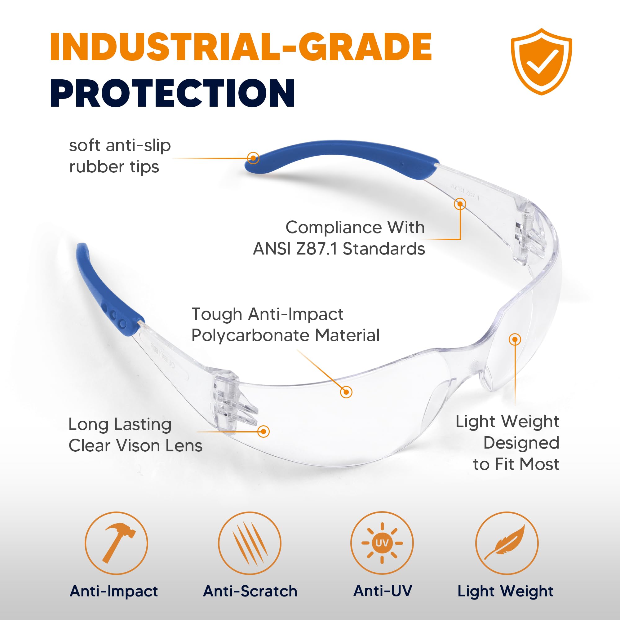 Gafas de seguridad transparentes, paquete de 24, lentes de policarbonato con patillas de goma, gafas de seguridad antiarañazos, resistentes a los impactos, protección ocular para construcción