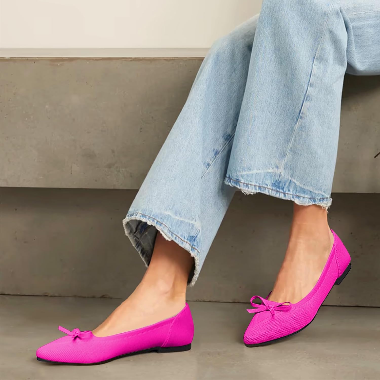 Women's Flats Pointed Toe Bow Knit Ballet Shoes Comfortable Dressy Mesh Slip On Flat - Image 2