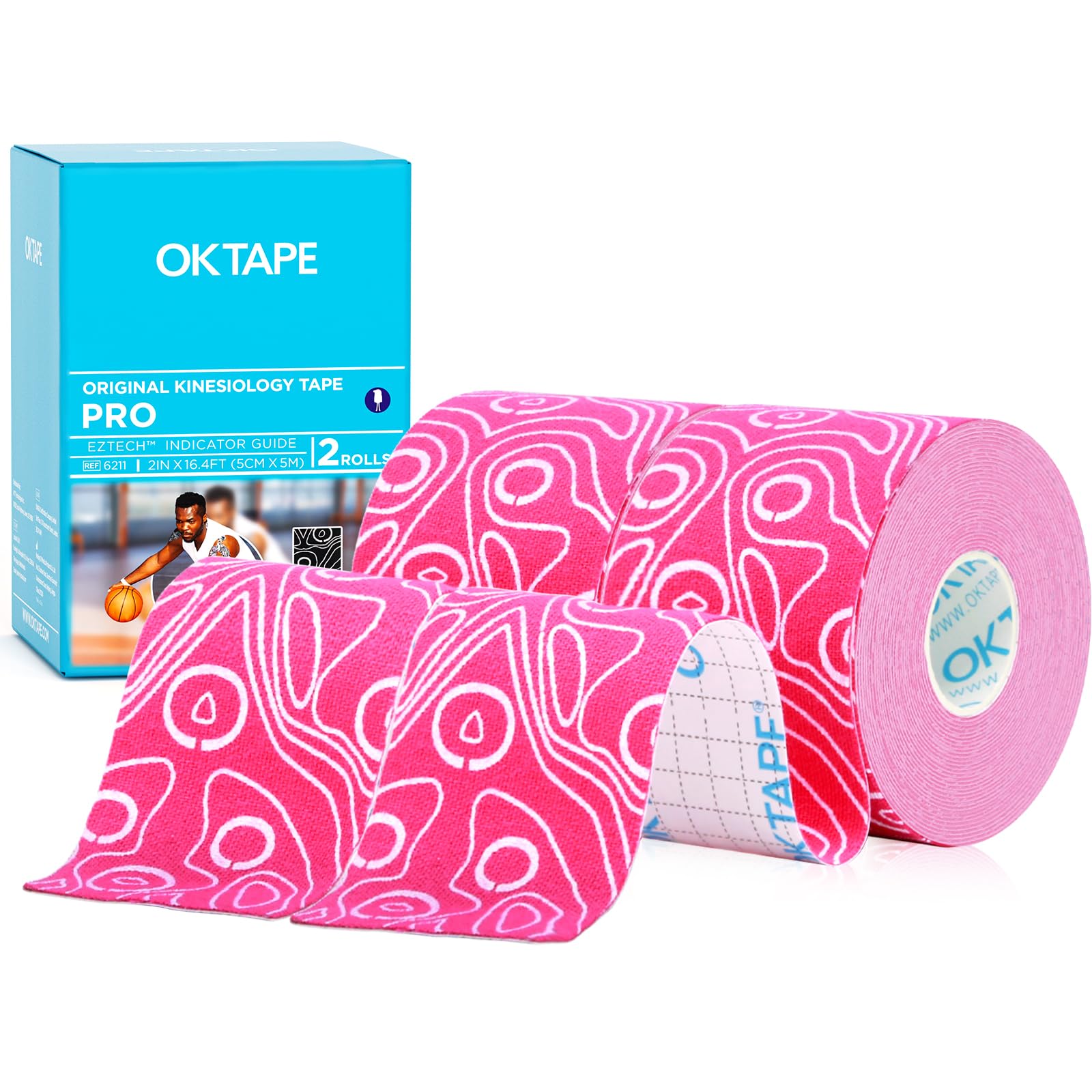 PRO Kinesiology Tape, 2inch x Long Roll 16ft Free Cut Tape, Elastic Athletic Tape Therapeutic Latex Free, 2 Rolls Pink+White