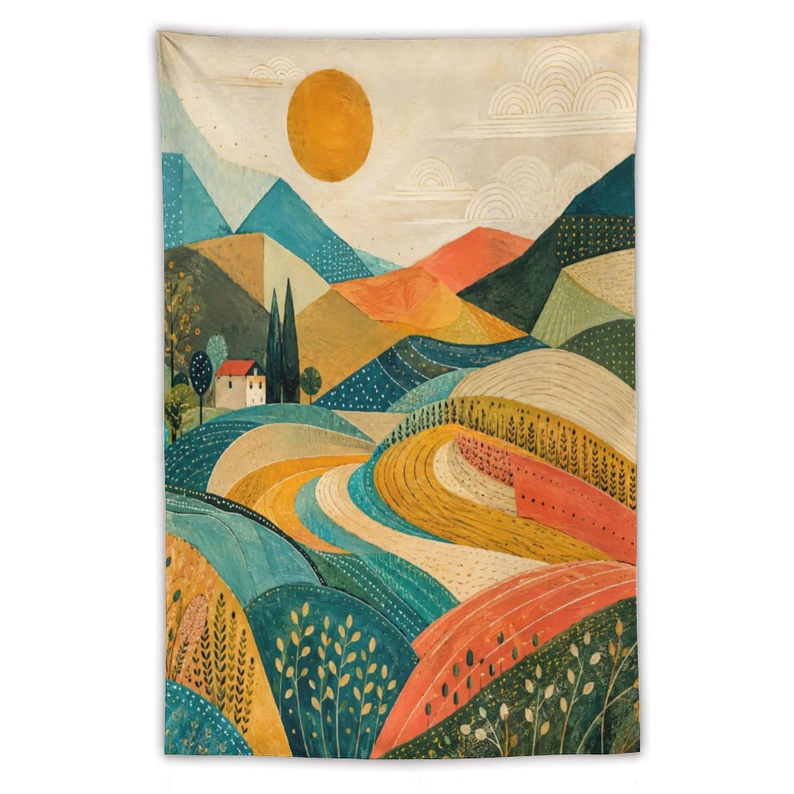 W7C8U2X3 Colorful Rolling Fields Wall Tapestry, Geometric Art, Dorm Room