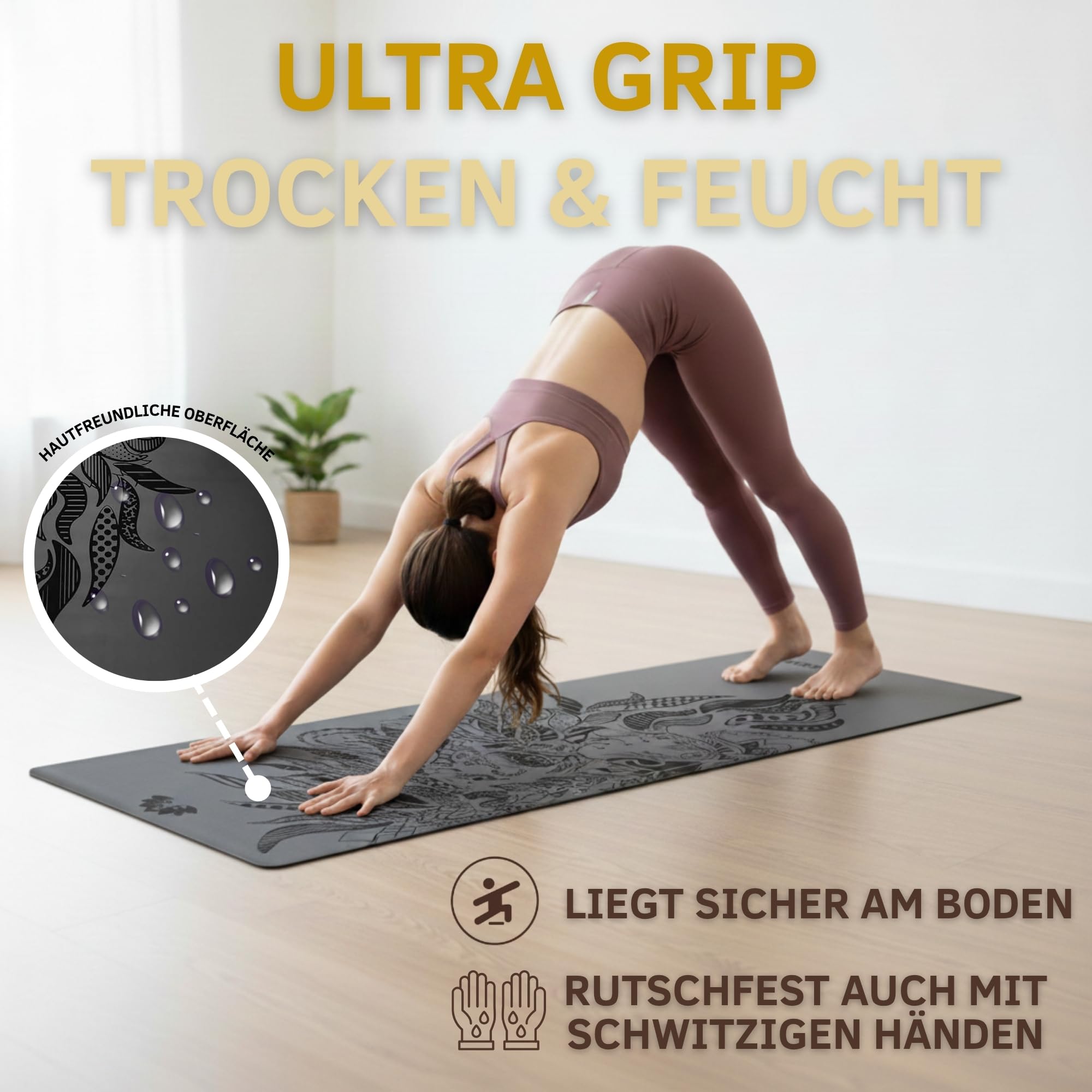 Yosana Yogamatte aus Naturkautschuk | extrem rutschfest | ULTRA GRIP Oberfläche aus ECO PU | extra breit 68cm | inklusive Tragegurt | Yoga matte 183x68cm | 4mm dünn