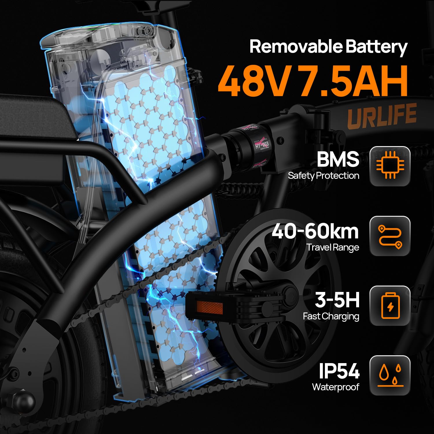 URLIFE Vélo Électrique Pliant 14" 48V7.5Ah Batterie Lithium Amovible Moteur 250W Autonomie 40-60km Adulte