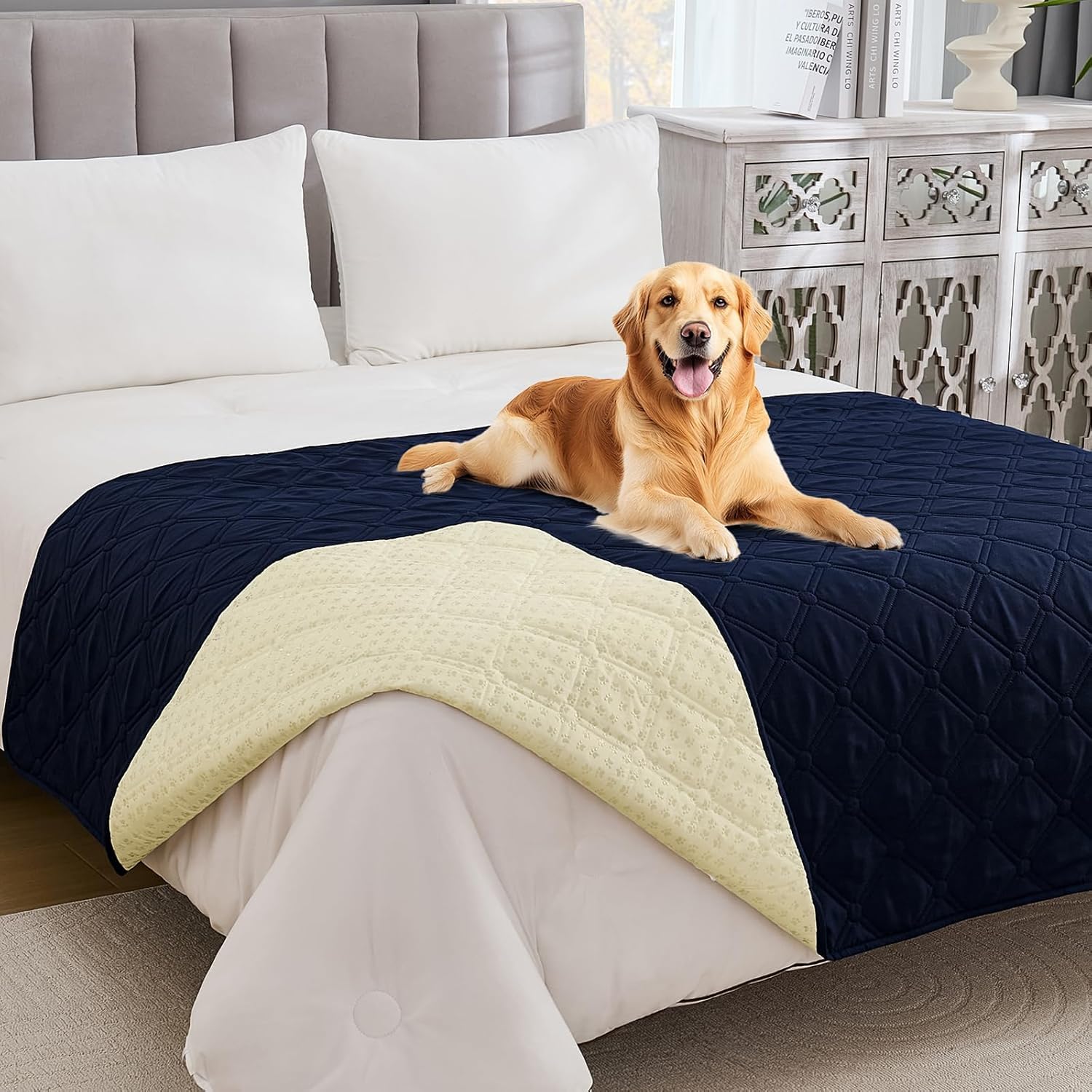 Guchuang Bedding Waterproof Dog Blanket for Bed, Anti-Slip Dog Blankets Washable, 172x208 cm Soft Waterproof Sofa Cover Scratch Dirty and Fur Resistant for Couch and Bed Furniture, Navy Blue