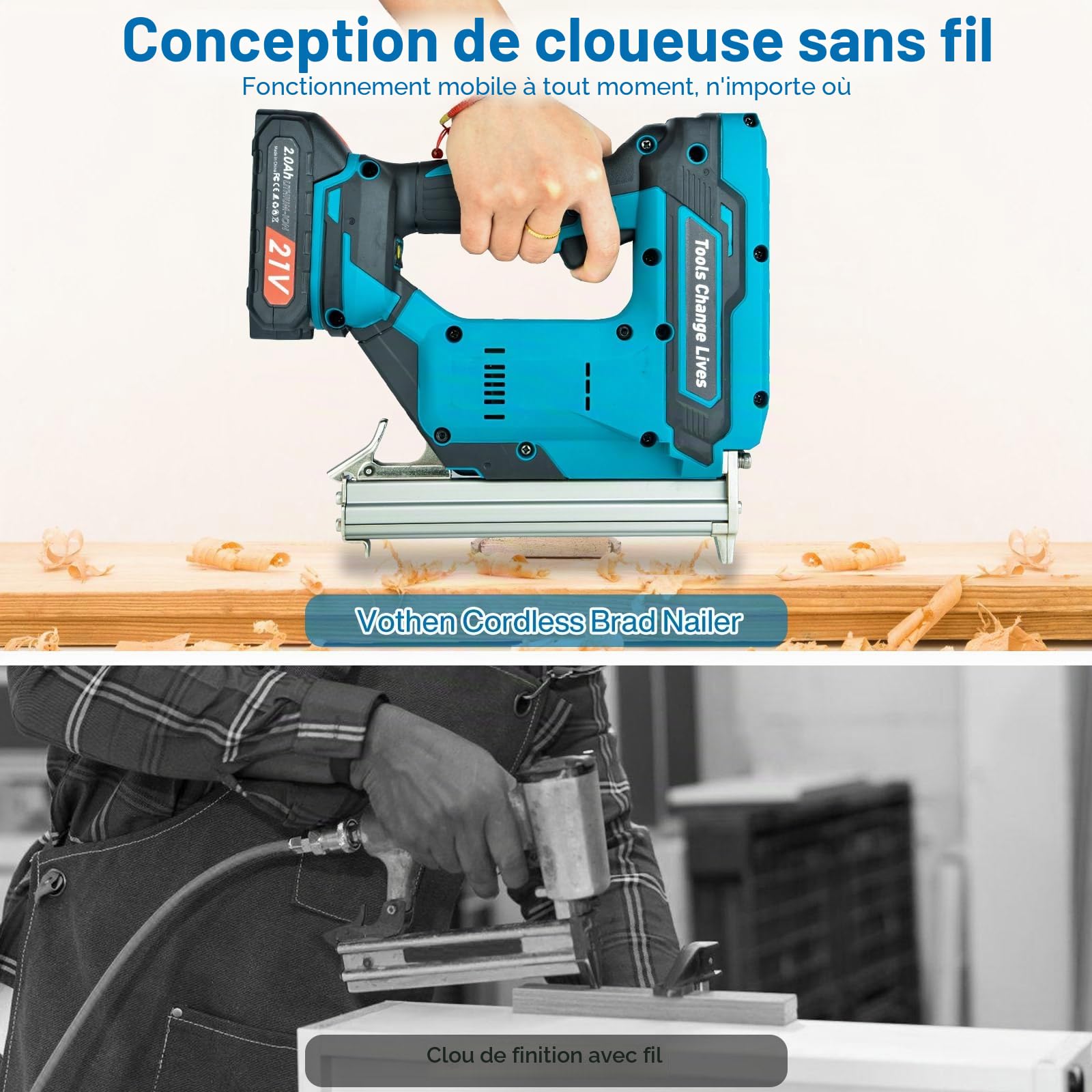 cloueuse electrique sans fil: agrafeuse electrique avec 2 x 2.0Ah Batterie Li-ion, cloueuse sans fil avec 6000 Clous pour les projets de Tapisserie d'ameublement, de Menuiserie et de Travail du bois