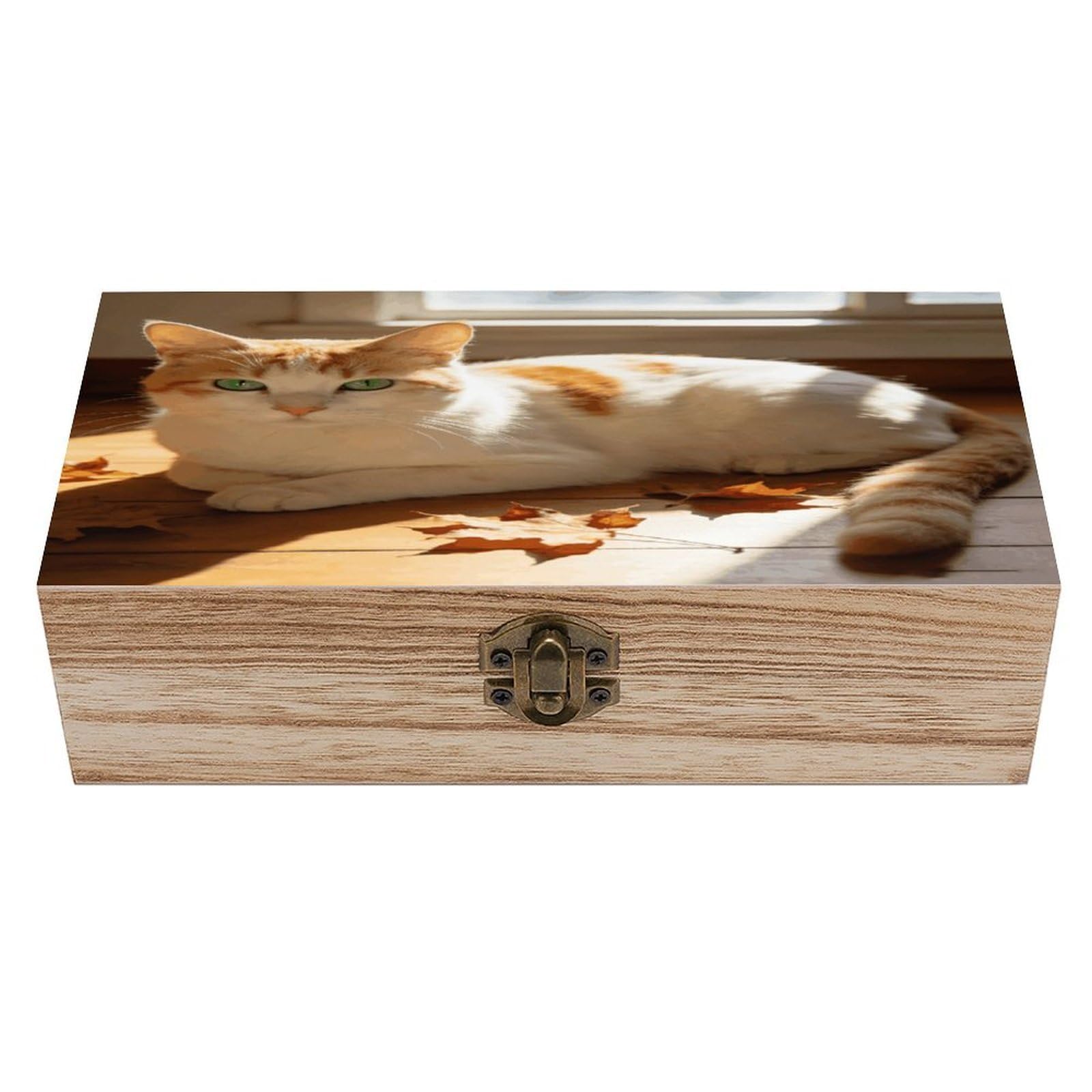 asbwuo Beige Orange Cat Wood Keepsake Box Wooden Box with Hinged Lid