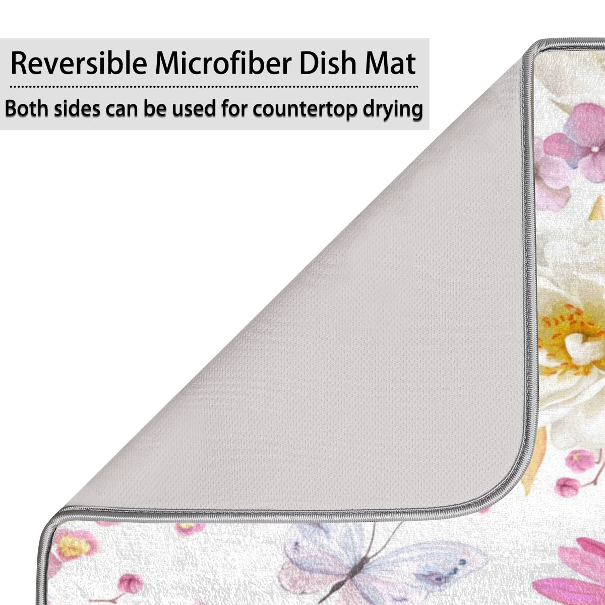 Beeplus Floral Rose Pink Dish Drying Mat - Absorbent Microfiber, 16"x18", Reversible & Machine Washable