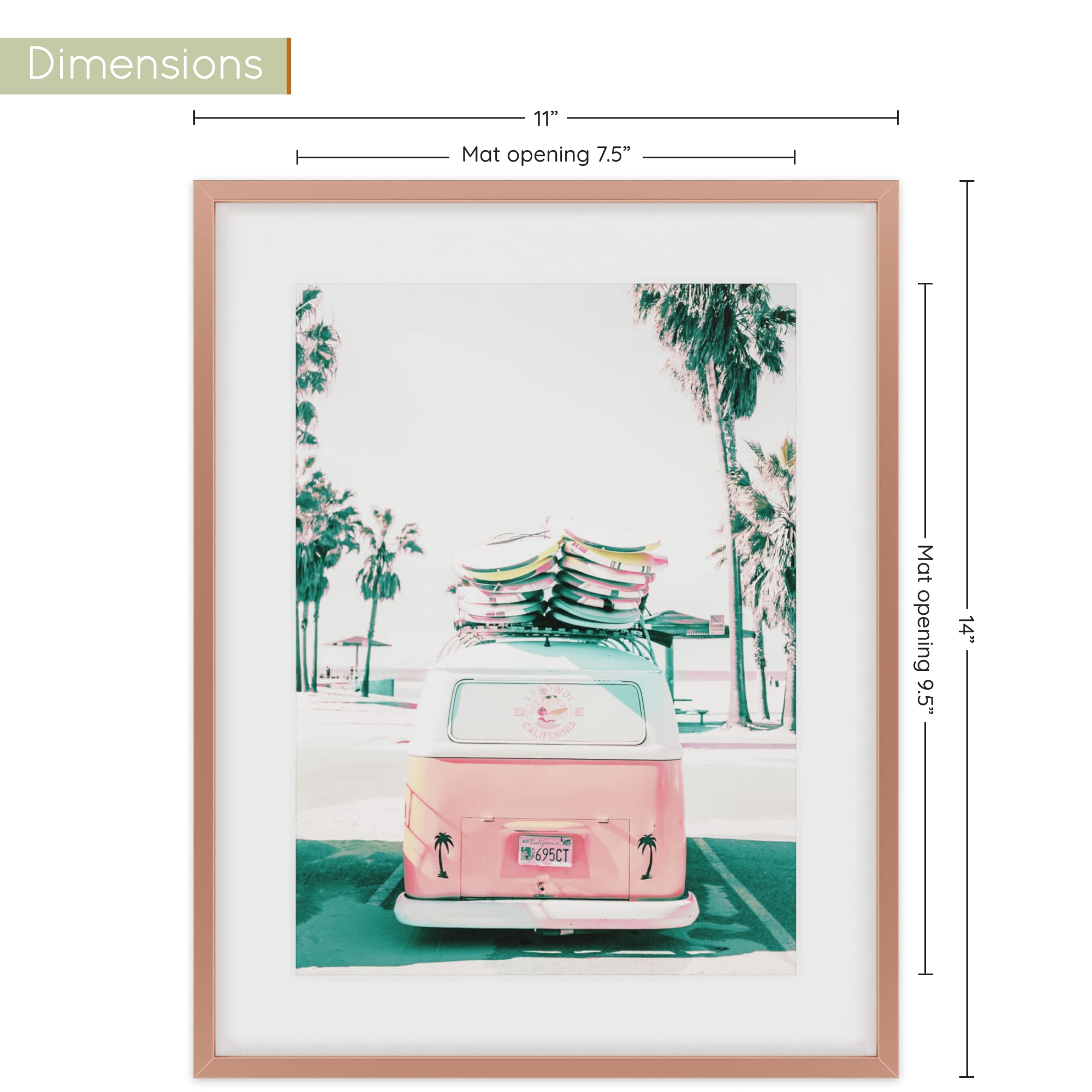 Homeforia - 11x14 inch Metal Picture Frame - 11 x 14 Aluminum Photo Frames - 8x10 Mat - Tempered Glass - Wall Hook Included - Set of 1 - Rose