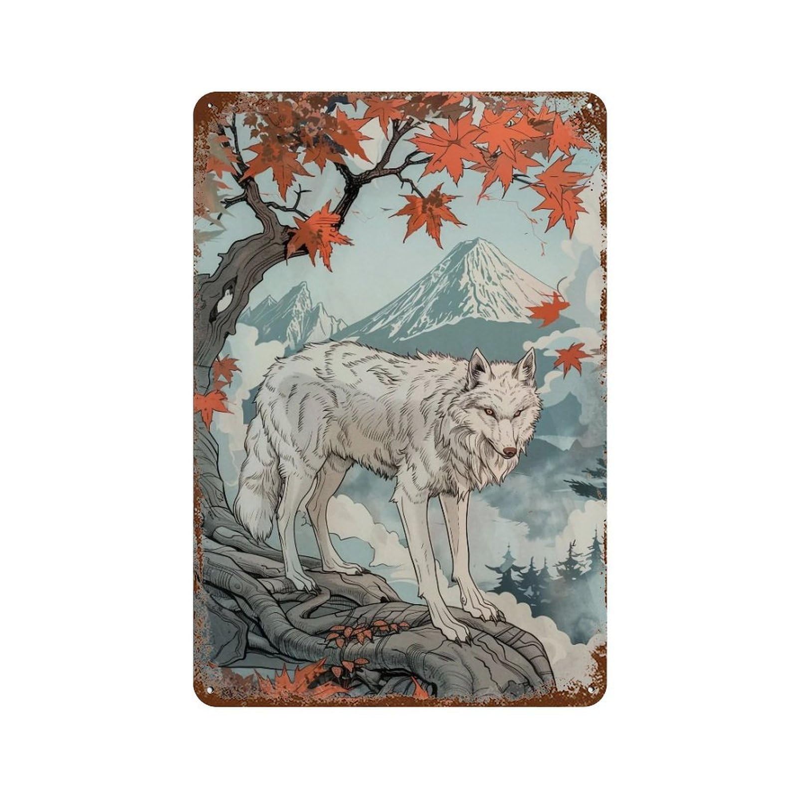 HDURYEYRYY White Timber Wolf Under Autumn Maple Fuji 03 Wall Retro Iron Vintage Art Metal Tin Sign Poster Modern Home Cofffee Club Art Bar Shop Decor 30x20cm