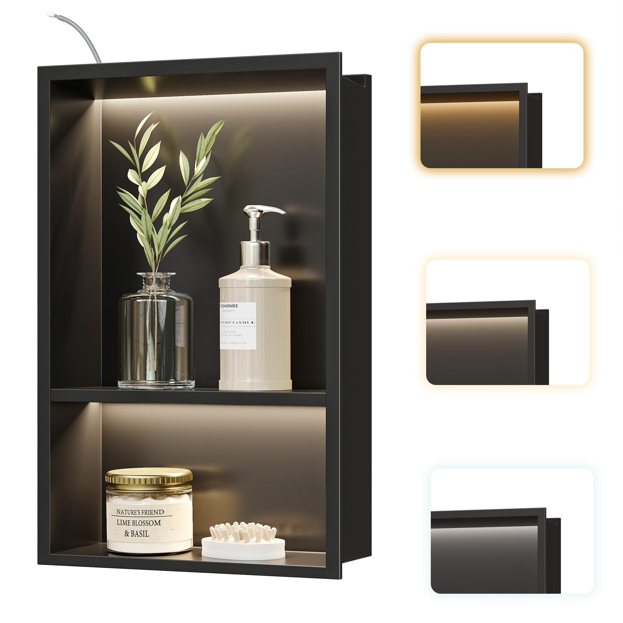 Niche de douche acier inoxydable noire 45x30 cm étagère murale LED