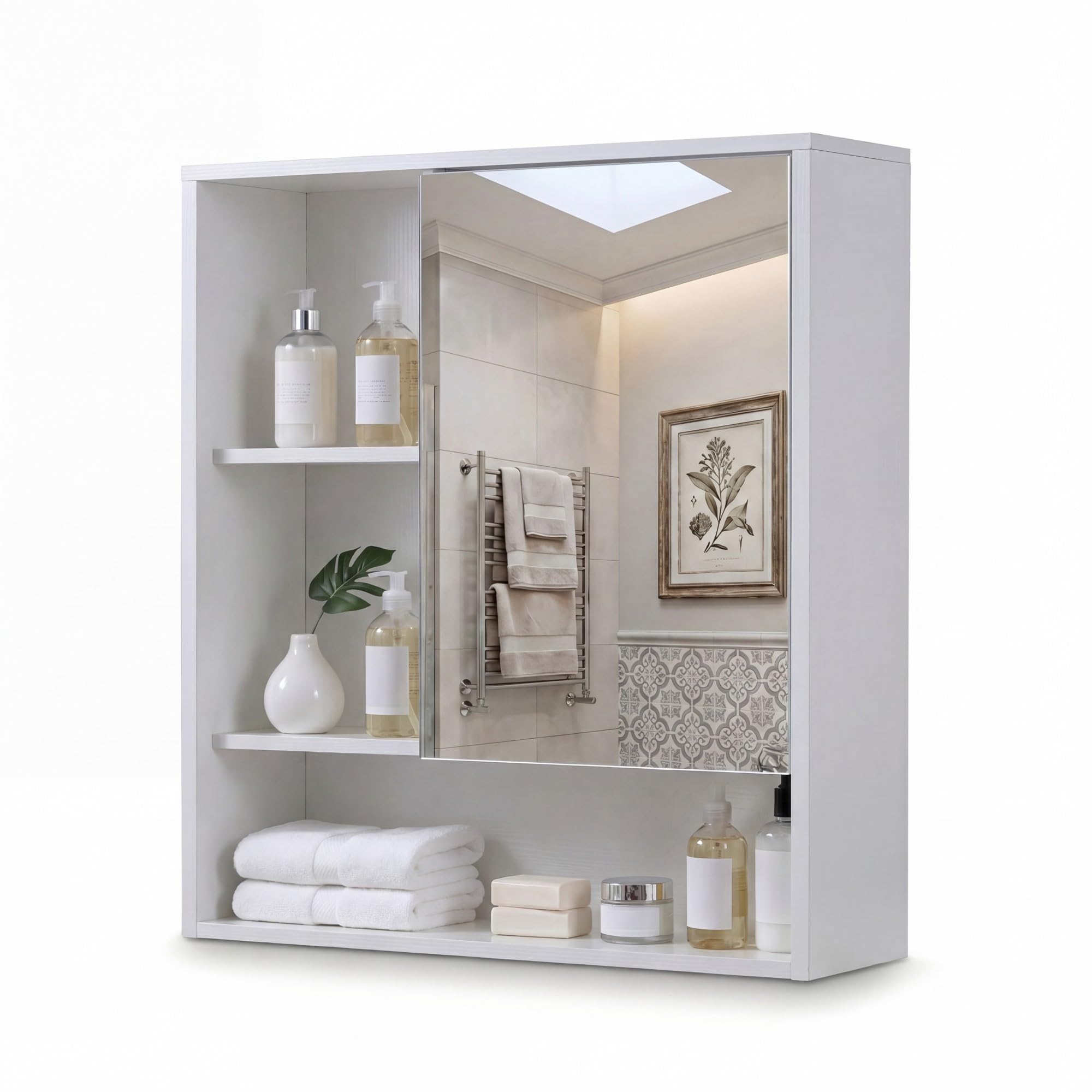 GIANTEX Armadio a Specchio da Bagno, Mobile Specchiera Bagno a Parete con Porta Singola e 3 Ripiani Aperti, Armadietto Pensile in Legno per per Lavanderia e Ingresso, 56 x 16 x 61 cm (Bianco)