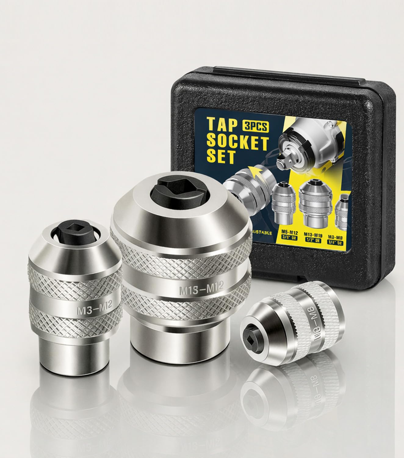 Adjustable Tap Socket Set, 3-Piece Low-Profile Tap Holder for