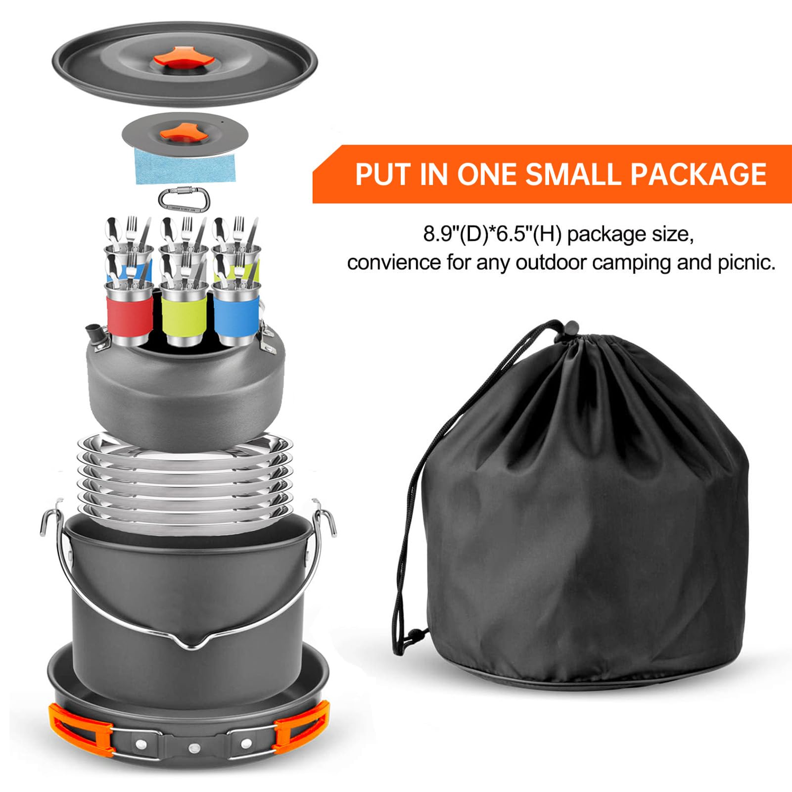 Asixxsix 48pcs Camping Kochgeschirr Set, Tragbare klappbare Nichtkleber Camping Ausrüstung mit Edelstahl Tassen Platten Gabeln Messer Löffel, für Outdoor Backpacking Wandern Picknick