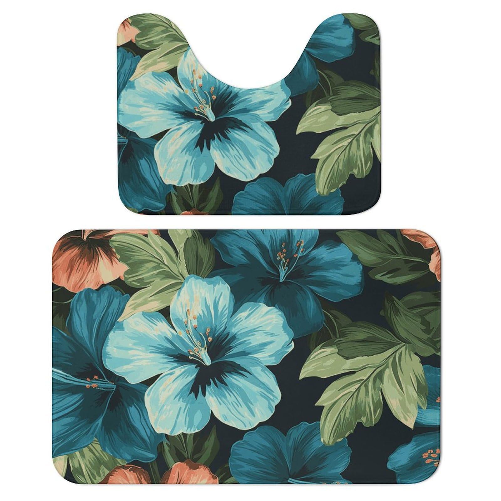 Tapis de salle de bain doux séchage rapide lot de 2 lavable motif hibiscus
