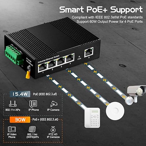 Miniatura 5 de Binardat Conmutador Ethernet industrial de riel DIN PoE de 5 puertos, 4 PoE IEEE802.3afat, 1 Uplink, 10100Mbps, montaje en pared sin ventilador, con