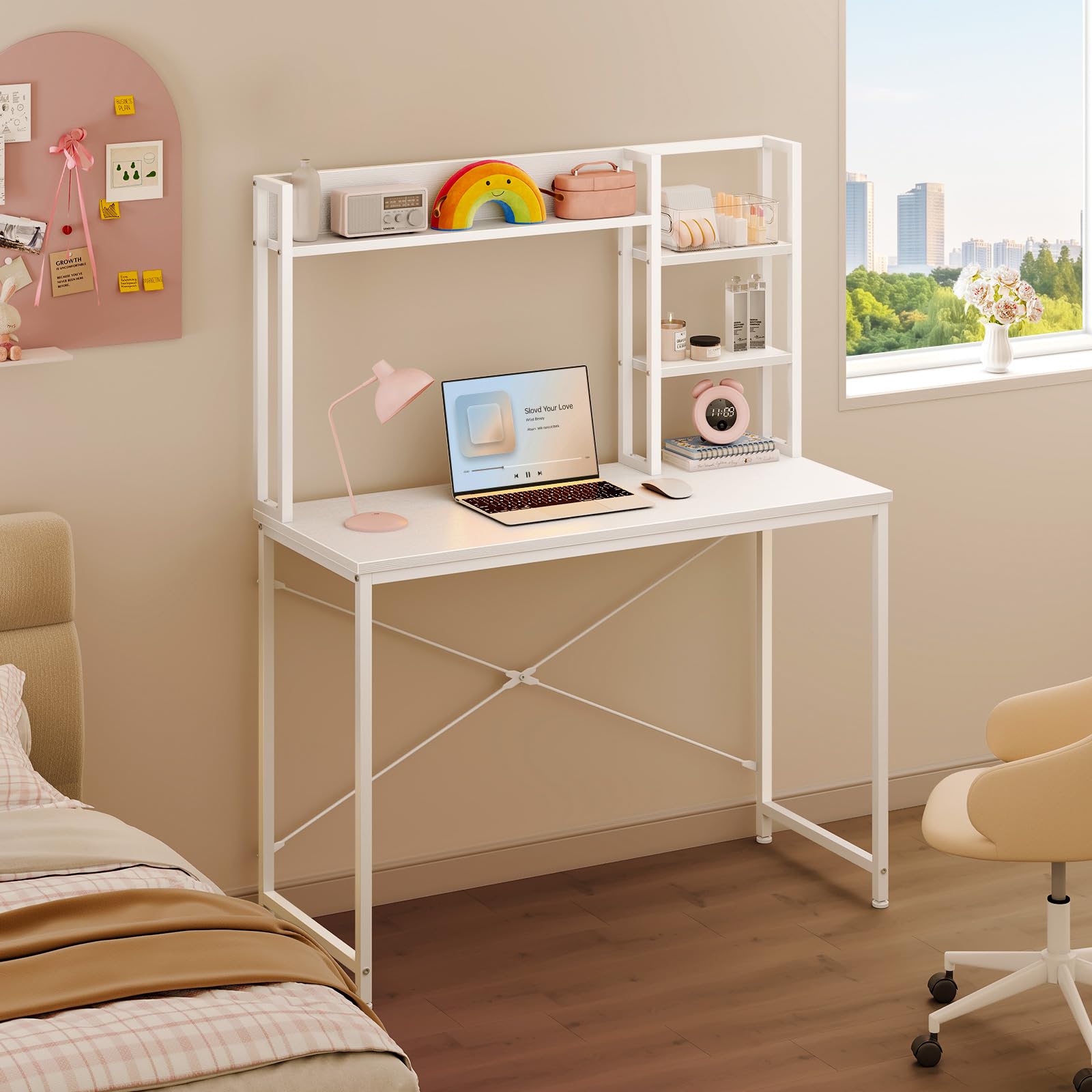 Coleshome Escritorio con Estantería, 100x40, Blanco | Mesa Ordenador, Pequeño Escritorio con Estante Mesa Oficina para Oficina, Estudio y Dormitorio