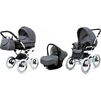BabyLux  Kinderwagen Set 3 in 1 - Margaret White - incl. Babywanne Buggy Sportsitz Auto-Babyschale - Autositz - Kinderwagenset - Kombikinderwagen mit Wickeltasche Regenschutz usw.