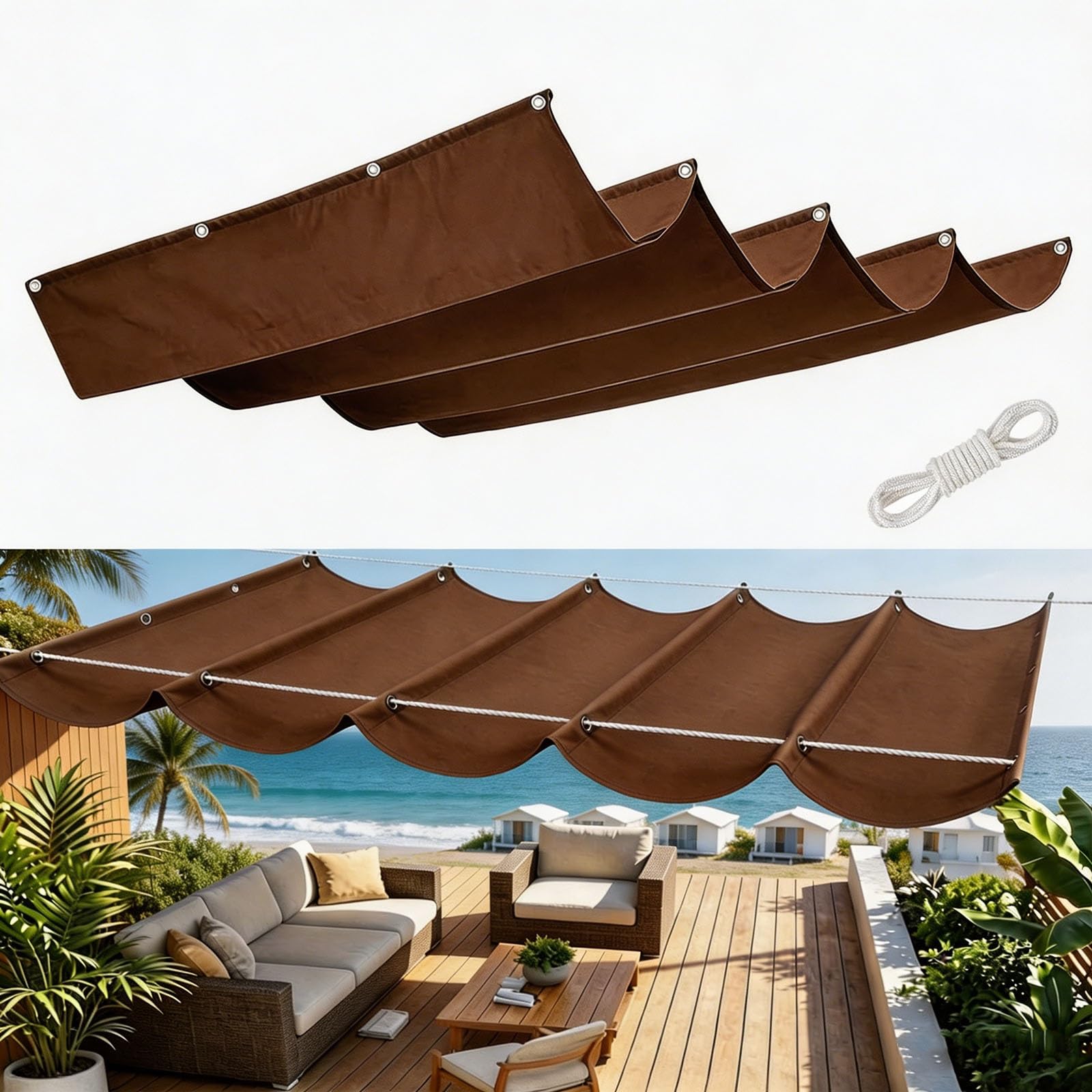Voile d'ombrage vague rétractable 150x1000 cm marron imperméable en toile PES haute densité pour jardin
