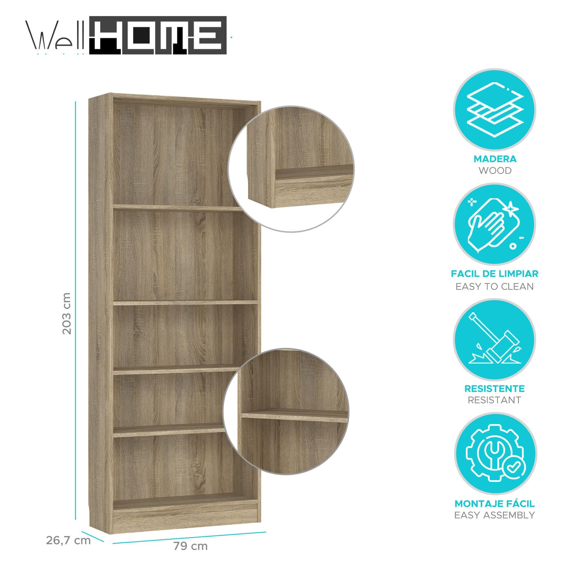 WELL HOME MOBILIARIO & DECORACIÓN Librería Estantería para Libros Turia con 4 estantes en Color Roble de 79 x 27 x 204 cm