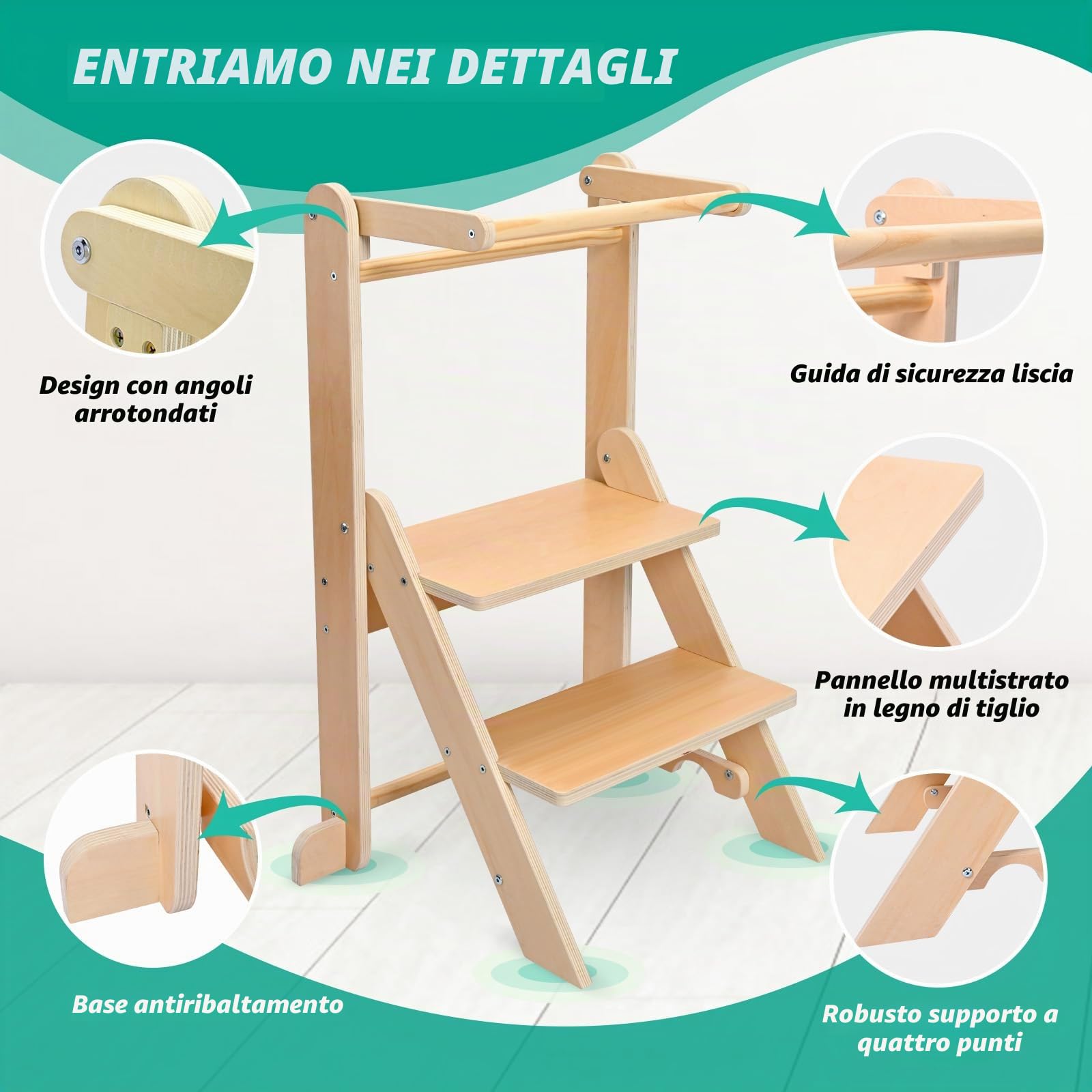 Torre Montessoriana Bambini, Torre di Apprendimento Pieghevole, Torre Montessoriana Regolabile in Altezza (2 Livelli), Capacità di carico 50 kg con Base Antiscivolo per 1-6 Anni (Legno Naturale)