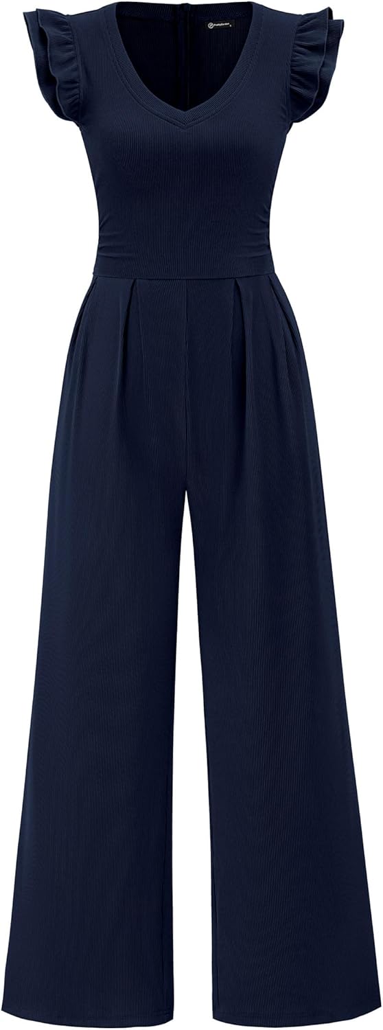 PRETTYGARDEN One Piece Jumpsuits For Women Dressy Ruffle Cap Sleeve V Neck Ribbed Knit Wide Leg Romper Casual Spring Outfits