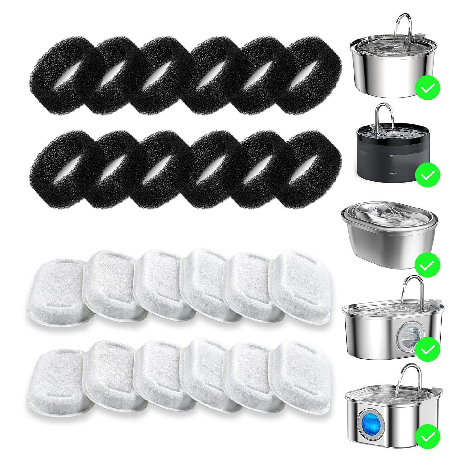 Wonder Creature 24 Pack Cat Water Fountain Filter Replacement, 4+4/8+8/12+12/16+16 Pack for Stainless Steel Cat Water Fountain 2L/67oz and 3.2L/108oz, 12 Carbon Filters & 12 Pre-Filter Sponges