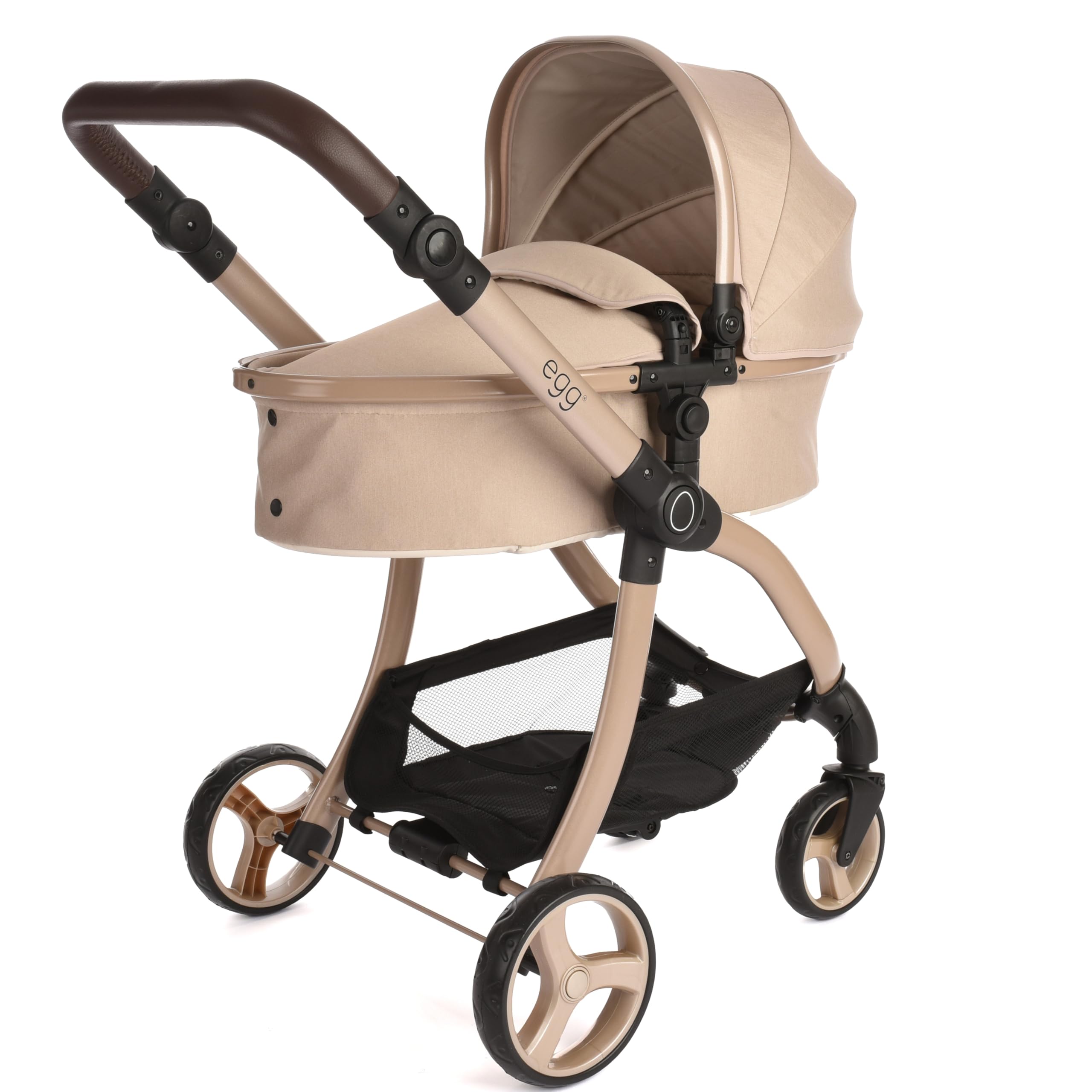 Roma Egg - Feather Dolls Pram and Pushchair, 2-in-1 Seat Unit/Carry Cot, Adjustable Handle 60-78cm, Lightweight, Suitable for Dolls Up to 57cm, Cocoa Leatherette, Gloss Chassis
