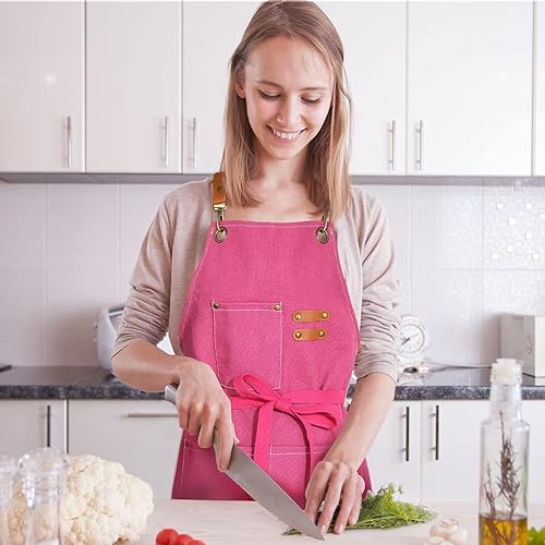 Miniatura 38 de Delantal de lona de algodón con espalda cruzada para hombres y mujeres, delantal de chef con correa ajustable y bolsillos grandes, delantal de Gris