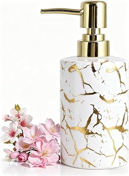 Gold Bathroom Soap Dispenser,Gold Pump Ceramic Soap Dispenser,Kitchen Marbling Empty Pump Bottle,Bath Countertop Storage Organizer Marble Bathroom Decor White