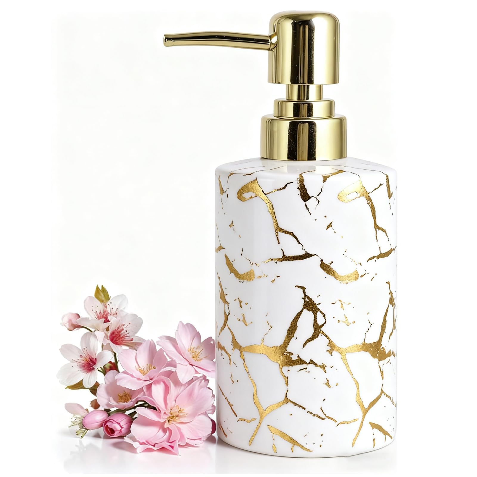 Gold Bathroom Soap Dispenser,Gold Pump Ceramic Soap Dispenser,Kitchen Marbling Empty Pump Bottle,Bath Countertop Storage Organizer Marble Bathroom Decor (White)