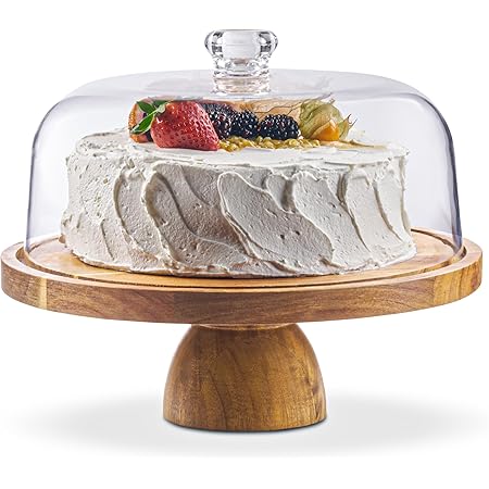 Cake Stand with Acrylic Dome Lid 2-in-1 Multifunctional Round Shatterproof Dessert Table Display Set with Acacia Wood Serving Platter, Veggie Tray, Fruit Bowl, Donut Stand, Nachos Plate by Homesphere