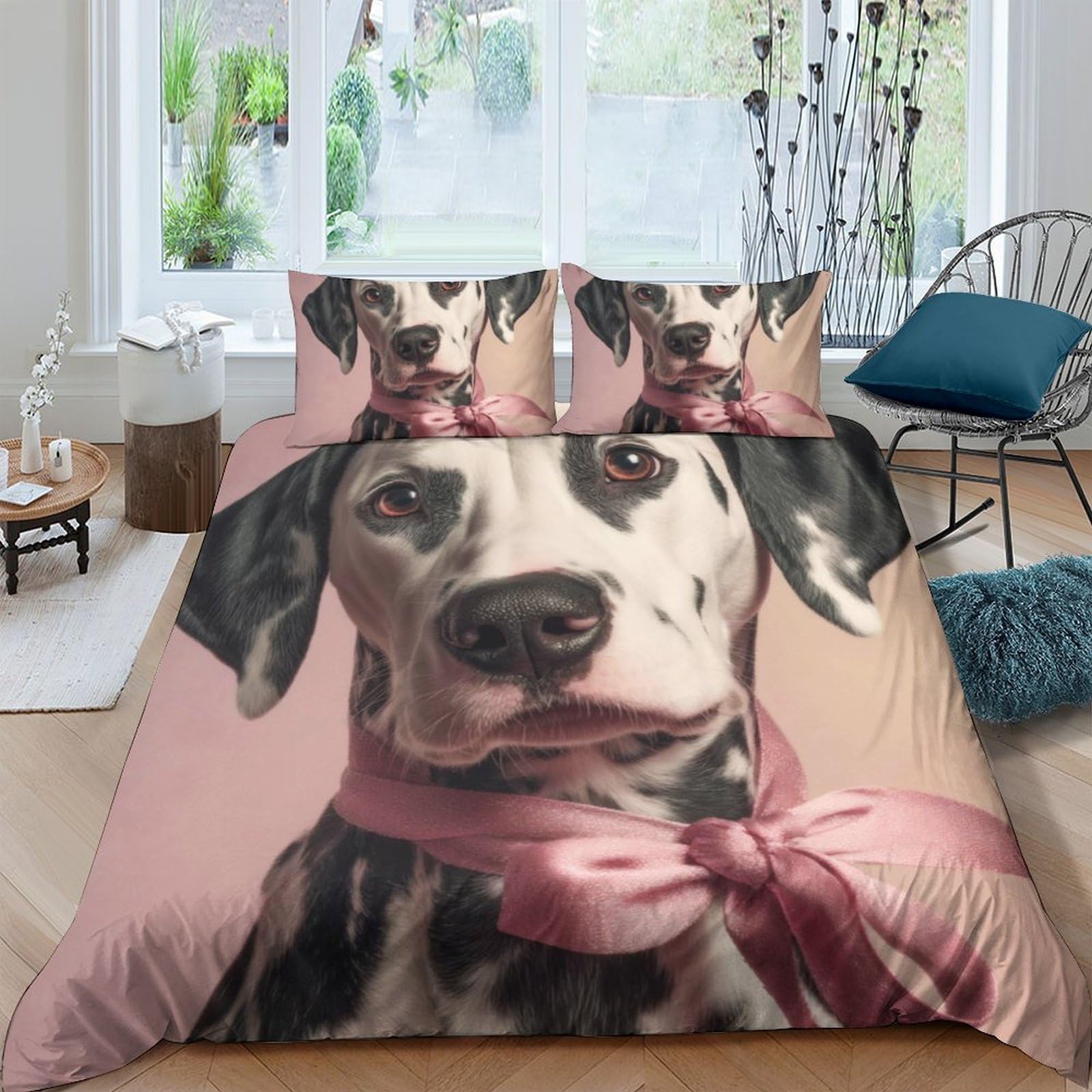 Ctjqhvkz Style-10 3D Printed Dalmatian Dog Fitted Sheet Microfiber Soft Pink Bow Bed Cover For Bedroom Guest Room Decor Protection Single（135X200cm）