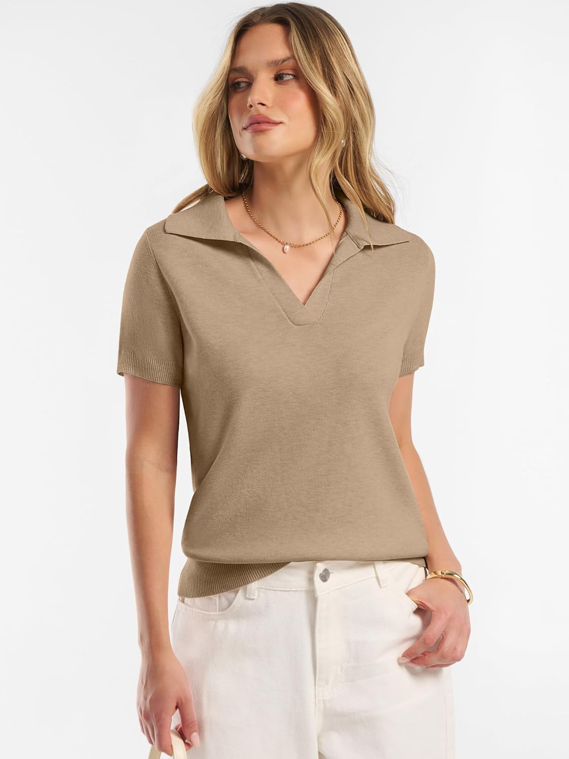 ANRABESS Women Short Sleeve Sweater Wool Blend Polo V Neck Shirts Summer Dressy Top Business Casual Spring Vacation Clothes - Image 6