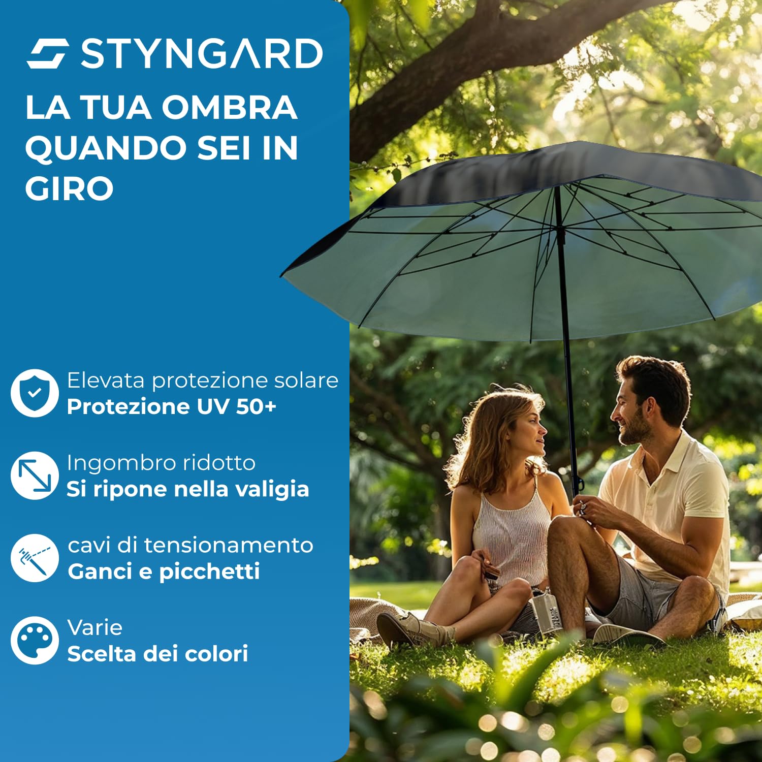 STYNGARD Ombrellone da Spiaggia Portatile protezione UV 50+ [155 cm ⌀] - Ombrellone da Viaggio con cavi di ancoraggio - Modello NICE