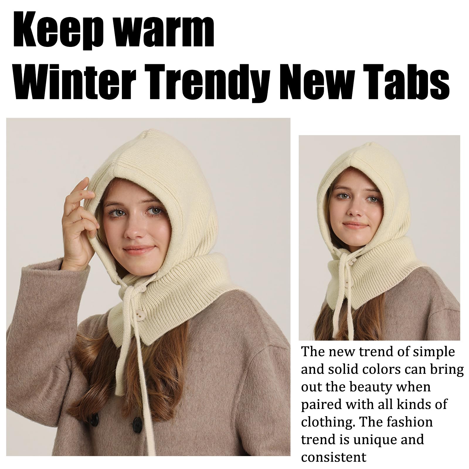 JSTHHTT Gorro de Punto Invierno Mujeres, Caliente Capucha Bufanda para Esquí Ciclismo, Mujeres Pasamontañas de Punto Beanie, para Al Aire Libre (Blanquecino)