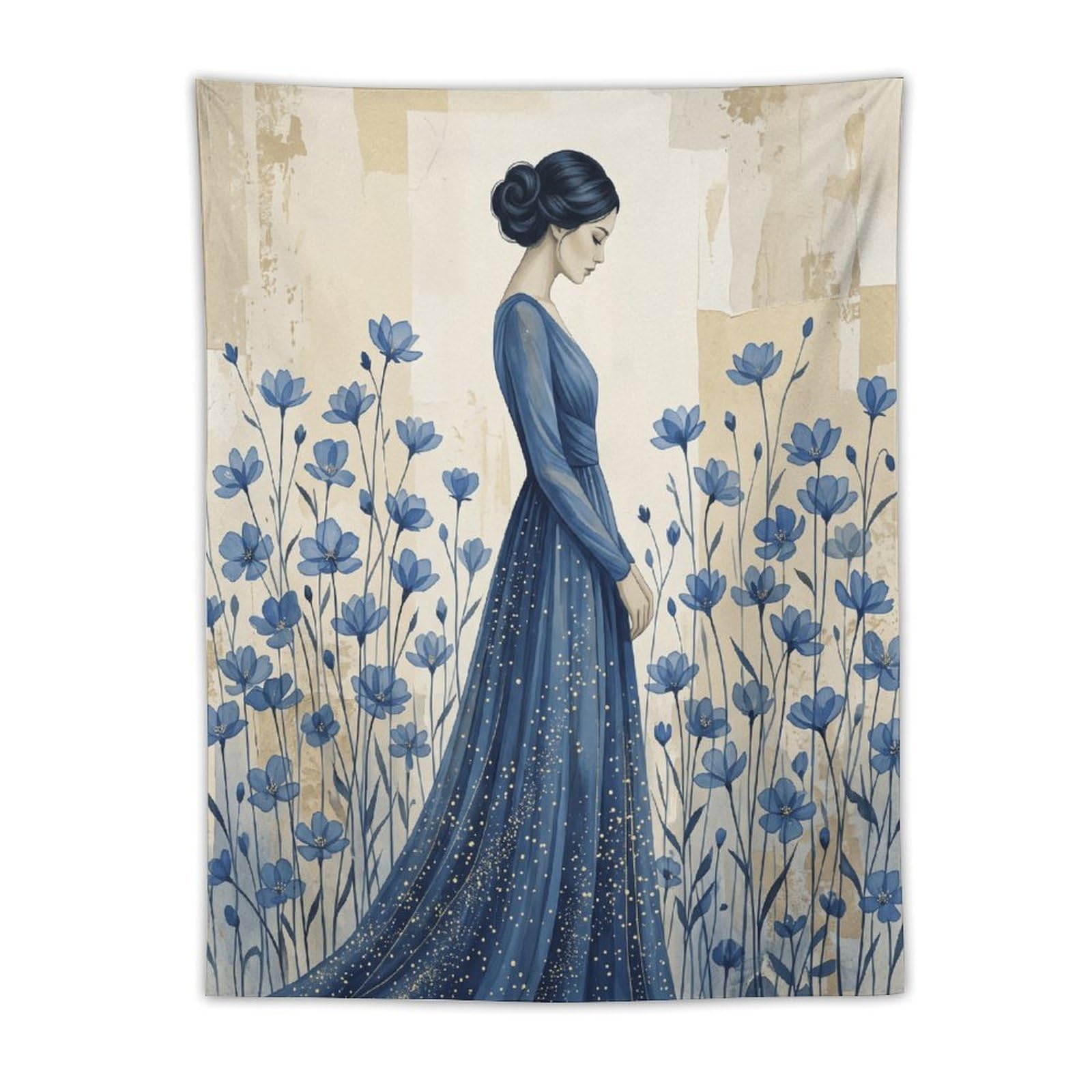 H3B8U2Y5 Blue Dress Woman Botanical Wall Tapestry, Impressionist Meadow
