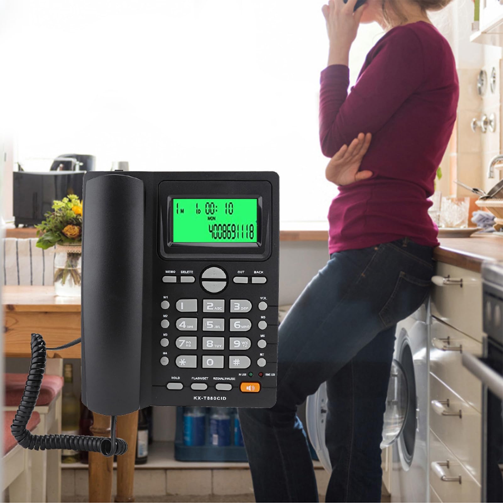 KX T880C Telefono Fisso, Telefono con Filo con Vivavoce, ID Chiamante, Chiamata Rapida e Funzione Mute, Telefono con Tasti Grandi per Ufficio Domestico, Batteria