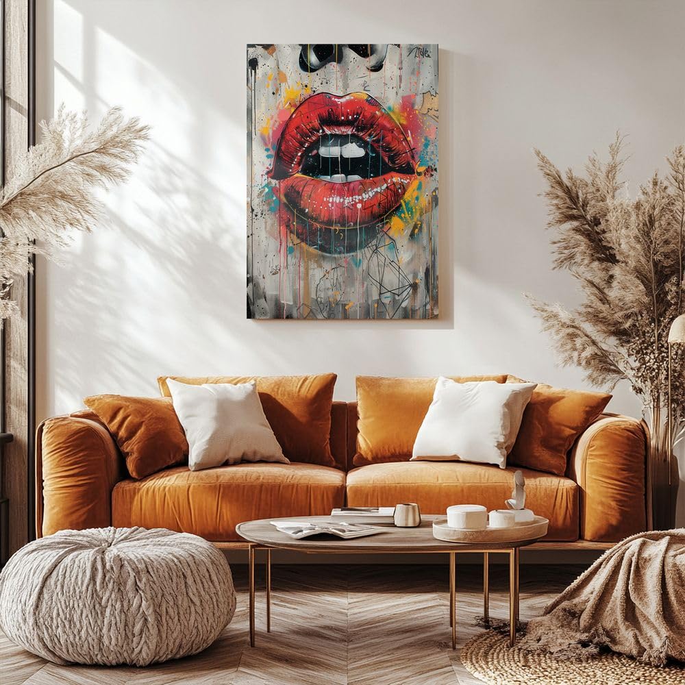 Fchen art Poster su tela, motivo: labbra rosse, stile hip hop, poster artistico da parete su tela, stampa moderna per camera da letto, pronto da appendere, 50 x 70 cm