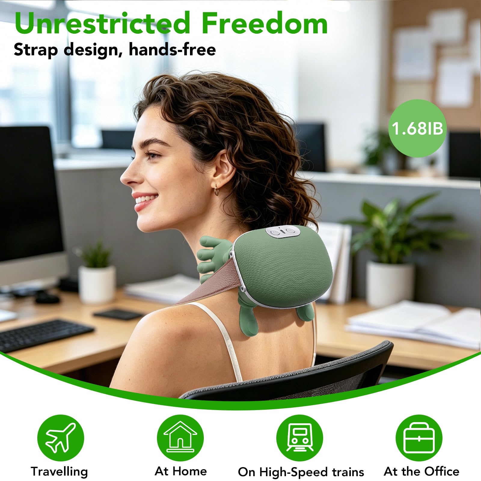 4D Masajeador Cervical y Espalda, Masajeador de Hombros para Cuello y Hombros con Función de Calor, 3 Velocidades, 2 Niveles de Calor (30°C/40°C), Masajeador para Casa/Oficina/Viajes/Regalos, Verde