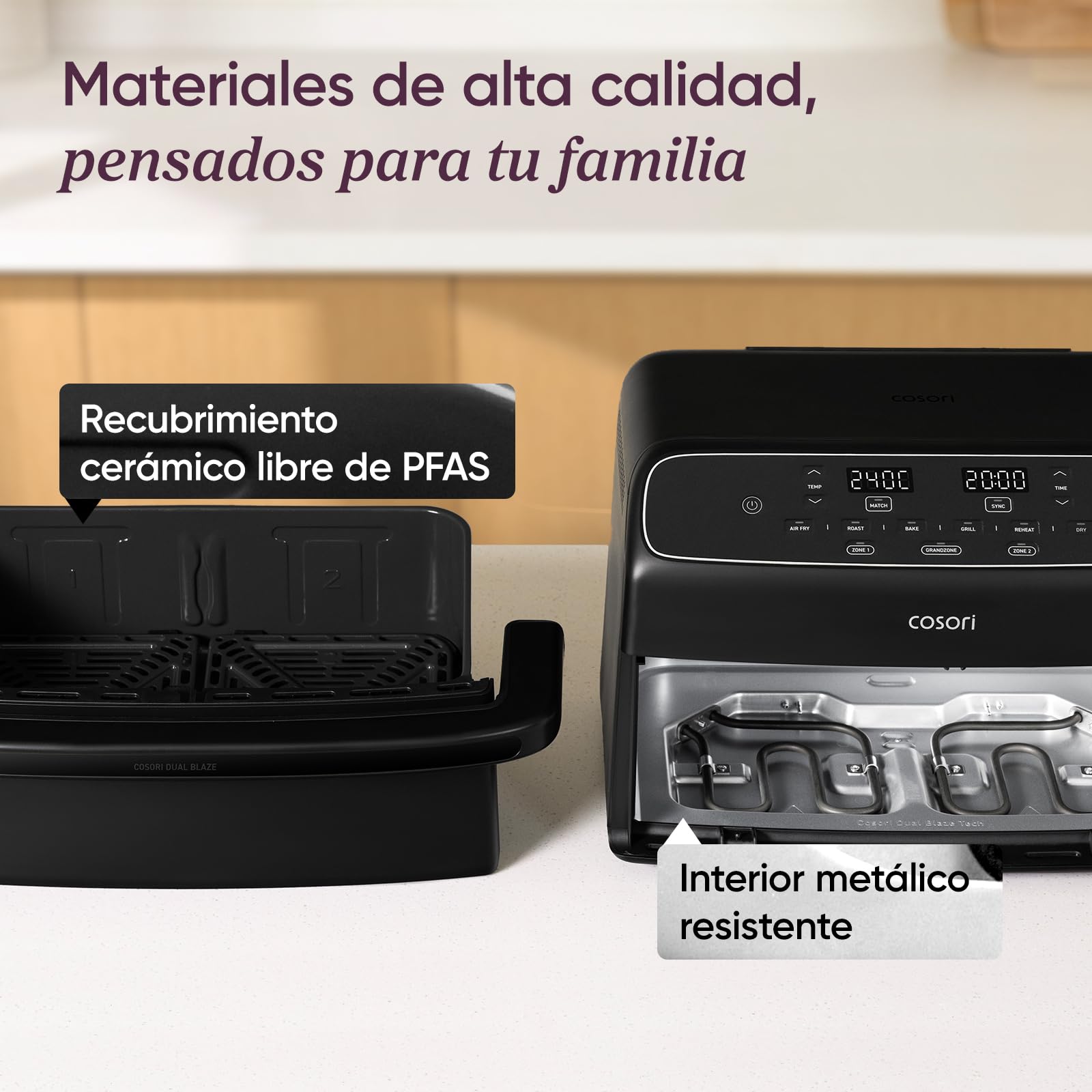 Cosori Freidora de Aire 8,6L Dual Blaze TwinFry Compact, sin PFAS ni Teflon | Revestimiento Cerámico sin PFAS, Tecnología Dual Blaze™, Divisor para 1 o 2 Zonas, Modos SYNC&Match, 6 Funciones, 2700W