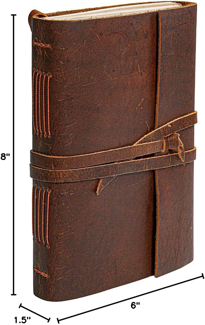 HLC Leather Journal Notebook（6x8 in）- Vintage Leather Bound Journals Handmade Rustic Finish Book for Men and Women Unlined Leather Craft Paper 300 Pages, Diary Pocket book To Write In