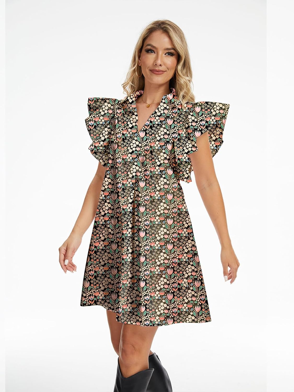 hibshaby Women's Floral Babydoll Mini Dress V-Neck Ruffle Sleeve Cute Dress Sundress - Image 2