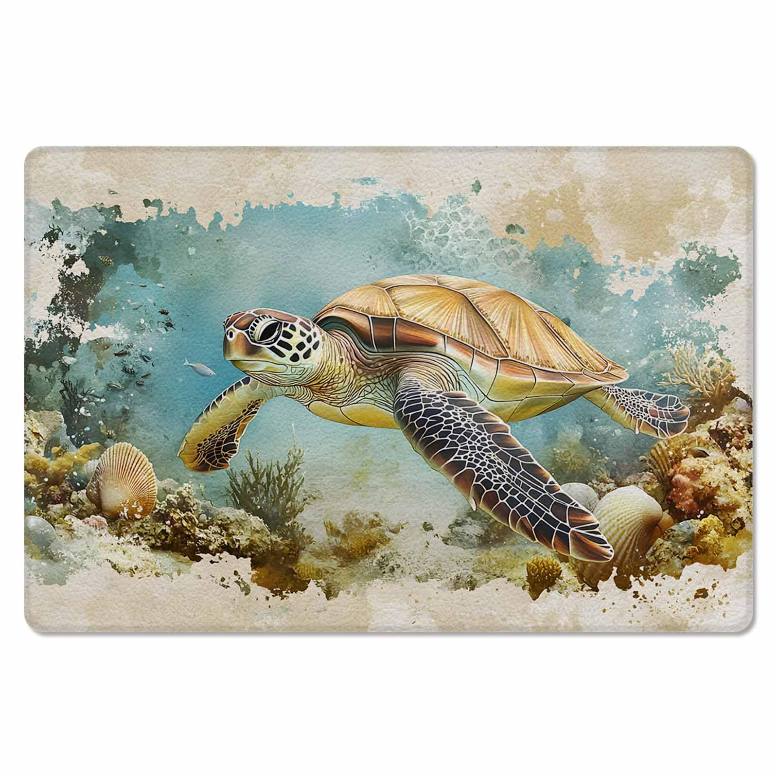 Ocean Turtle Antifatigue Kitchen Bath Door Mat Cushioned Runner Rug,Coastal Coral Illustration Retro Painting Washable Welcome Floor Sink Mat,Waterproof Comfort Standing Doormat for Kitchen 24