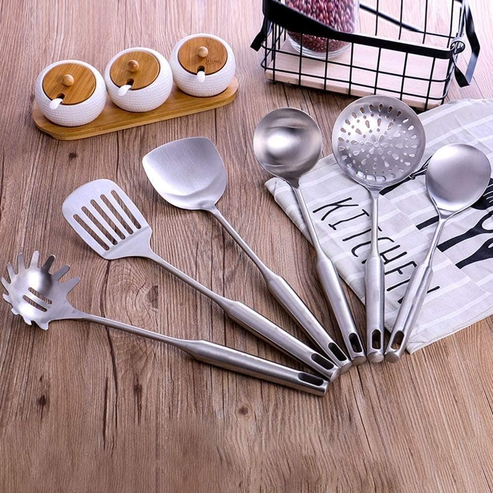 Juego de utensilios de cocina de acero inoxidable de 6 piezas con asas huecas, incluye espátula, cuchara de sopa, skimmer, pala para freír, cuchara de arroz para utensilios de cocina antiadherentes