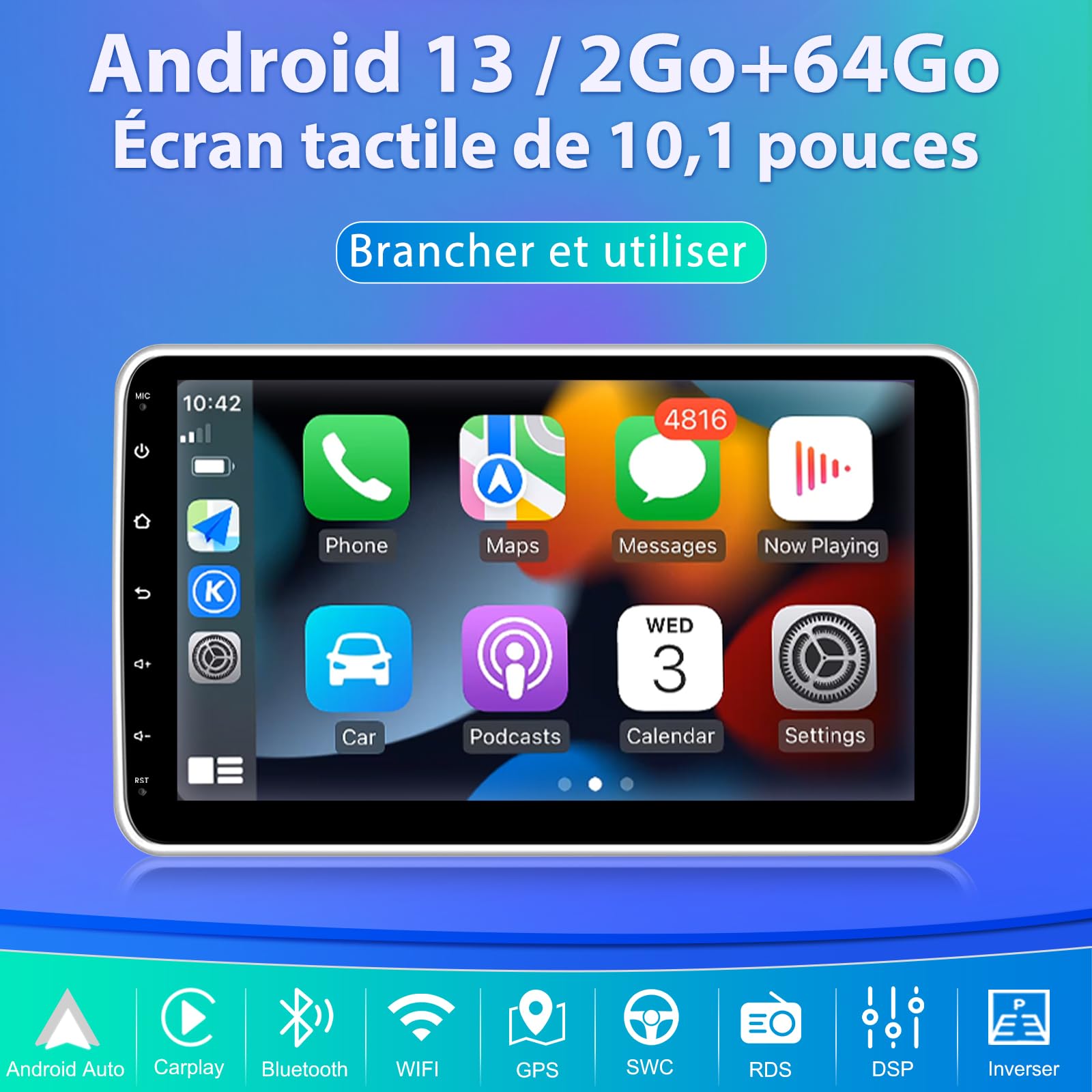Autoradio Android 13 Universel 1 Din | 2Go + 64Go| Écran Tactile HD 10 Pouces | CarPlay & Android Auto Intégrés | Caméra de Recul | GPS, WiFi 5G, Bluetooth 5.0, FM RDS, Commandes au Volant